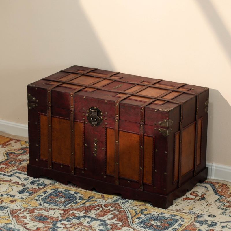 Storage Trunk Antique Style Two Tone Burgundy Panels Scalloped Base