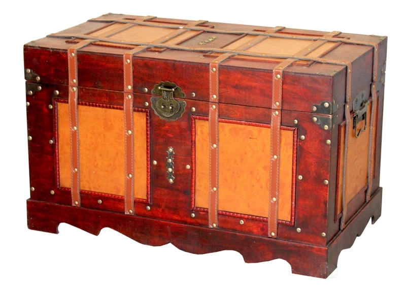 Storage Trunk Burl Wood Texture Scalloped Base Decorative Steamer Chest
