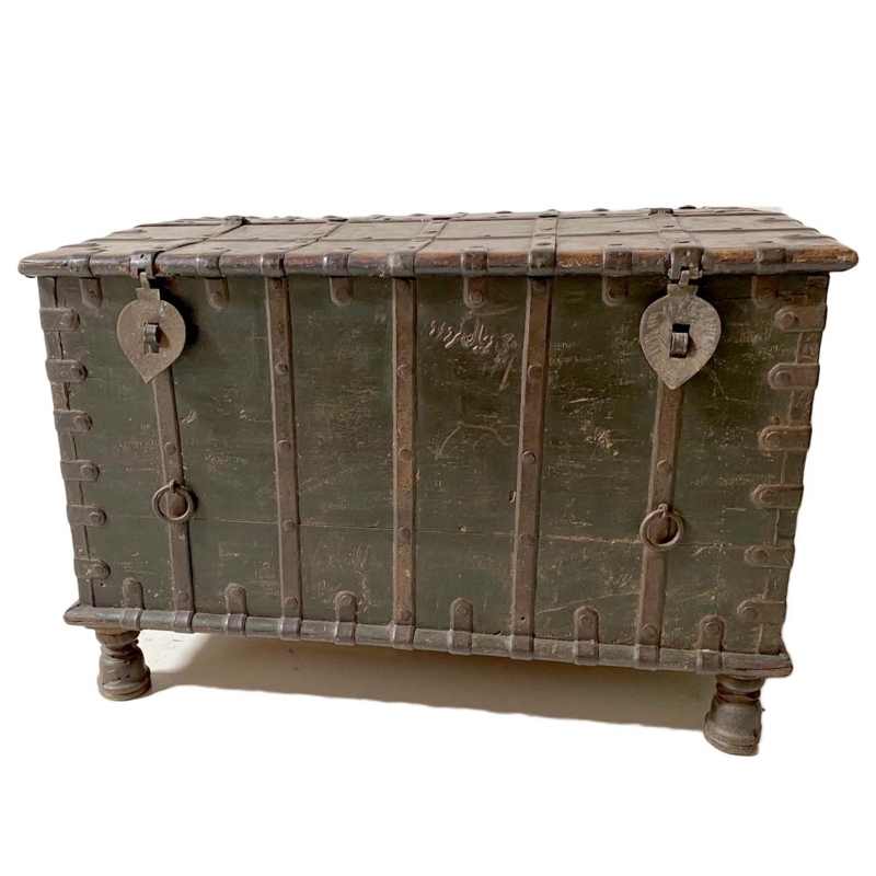 Storage Trunk Green Antique Indian Iron Riveted Straps Bun Feet