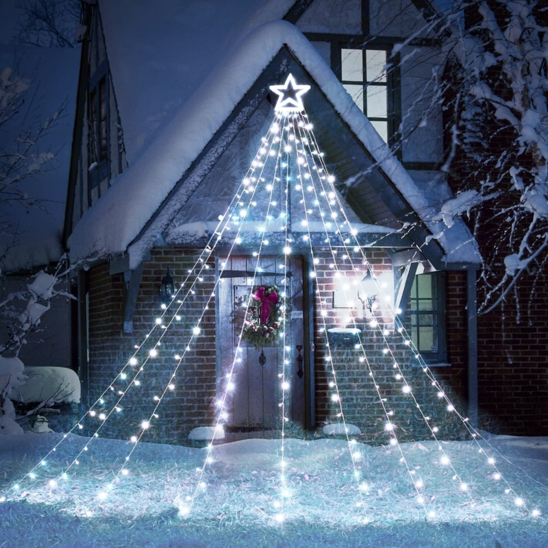 String Lights: Waterfall star lights with cool white LEDs and conical shape.