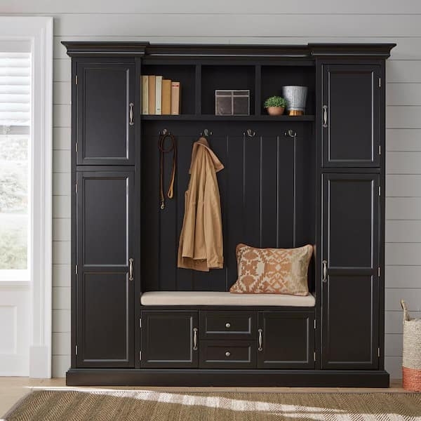 Substantial Hall Tree Unit with Symmetrical Side Cabinets and Molding