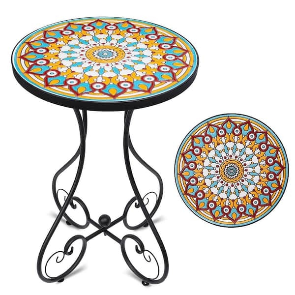 Sunburst Accent Table Mosaic Mandala Top Scroll Legs Round