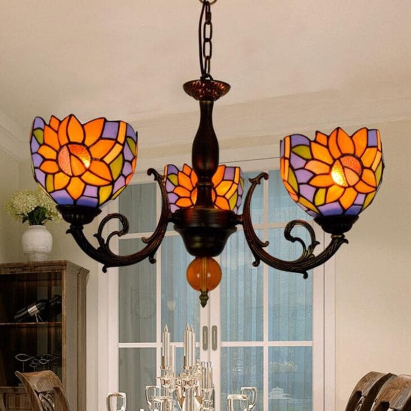 Sunflower Stained Glass Light Chandelier with Three Scrollwork Arms