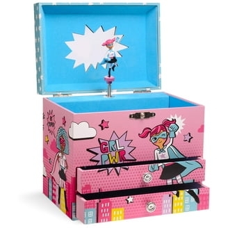 Superhero Musical Jewelry Box with 'GRL PWR' Text and Comic Graphics