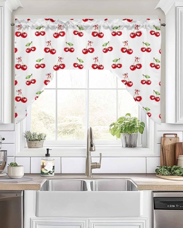 Swag Valance, Cherry Fruit Print with Scalloped Hem for Farmhouse