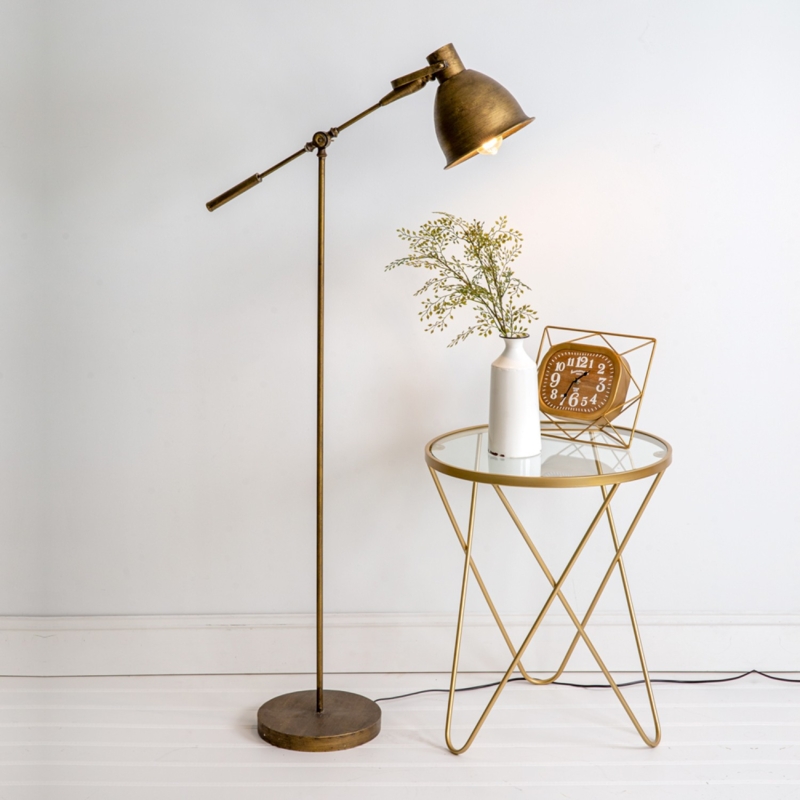Swing Arm Floor Lamp: Mixed Metal & Geometric Base Design