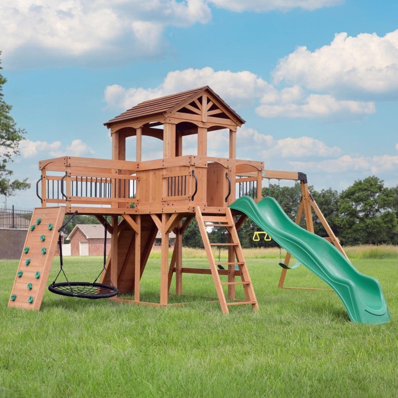 Swing Set features Web Swing, Rock Wall & Balcony Railing