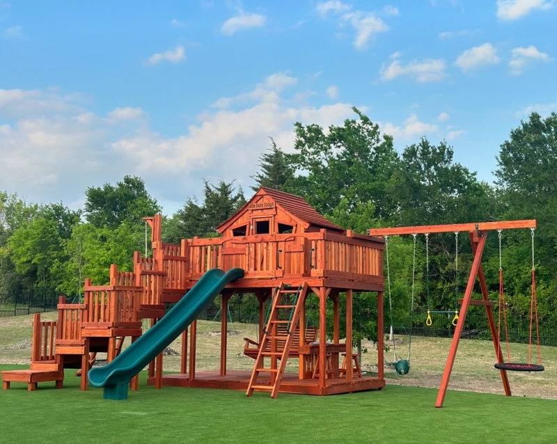 Swing Set Redwood Stained with Tiered Stairs & Picnic Table