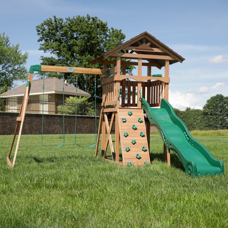 Swing Set with Elevated Clubhouse & Rock Wall, Wood Toned