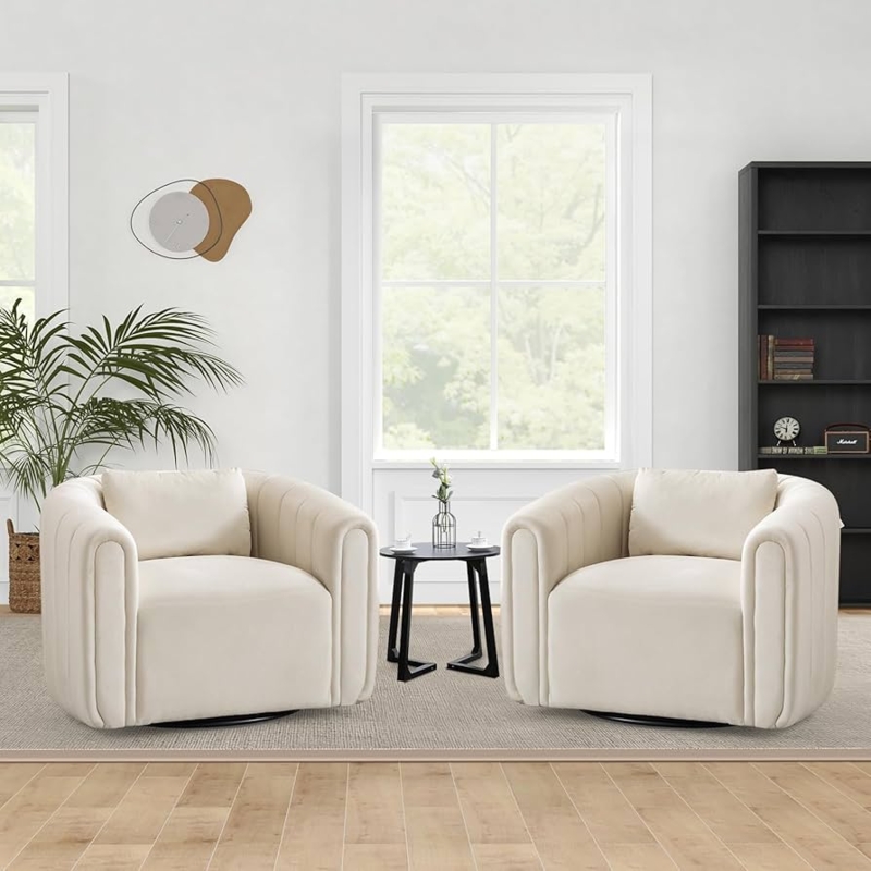 Swivel Accent Chair Beige Velvet Like Channel Tufting Pillows