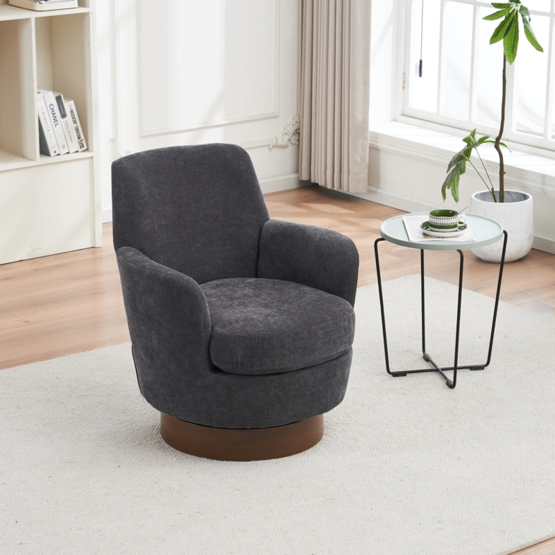 Swivel Accent Chair Charcoal Fabric with Wood Toned Plinth Base