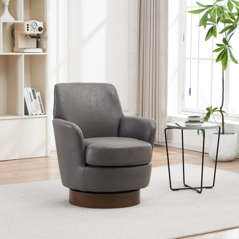 Swivel Accent Chair Charcoal Leather Like Wood Plinth Base