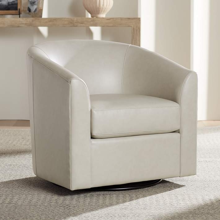 Swivel Accent Chair Creme Faux Leather Vertical Stitching
