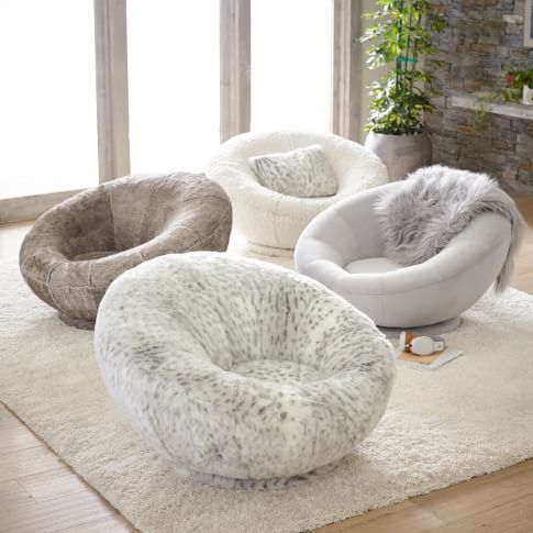 Swivel Accent Chair Faux Fur Spherical Shape Cozy Glam Modern Teen Seating