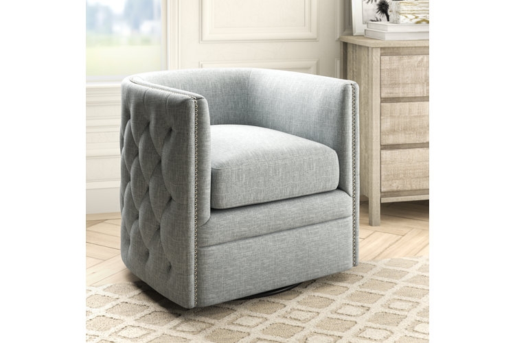 Swivel Accent Chair Nailhead Border Diamond Tufting Dusty Blue Club Chair