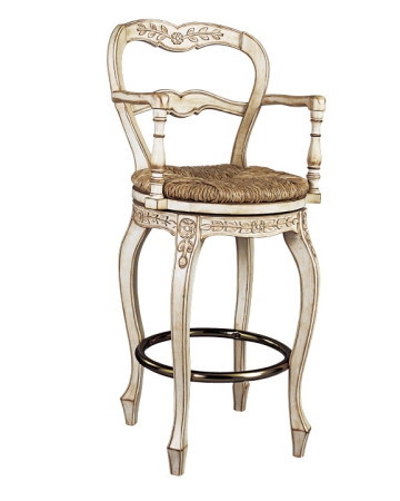 Swivel Bar Stool: Turned Arms Carved Floral Motifs Woven Rush Seat