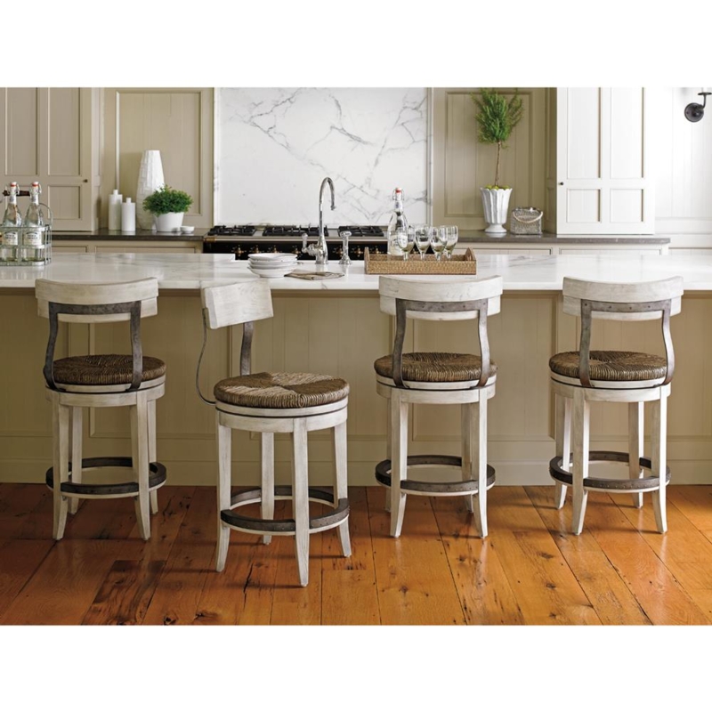 Swivel Bar Stool: Woven Rush Seat Metal Back Supports Grey Finish