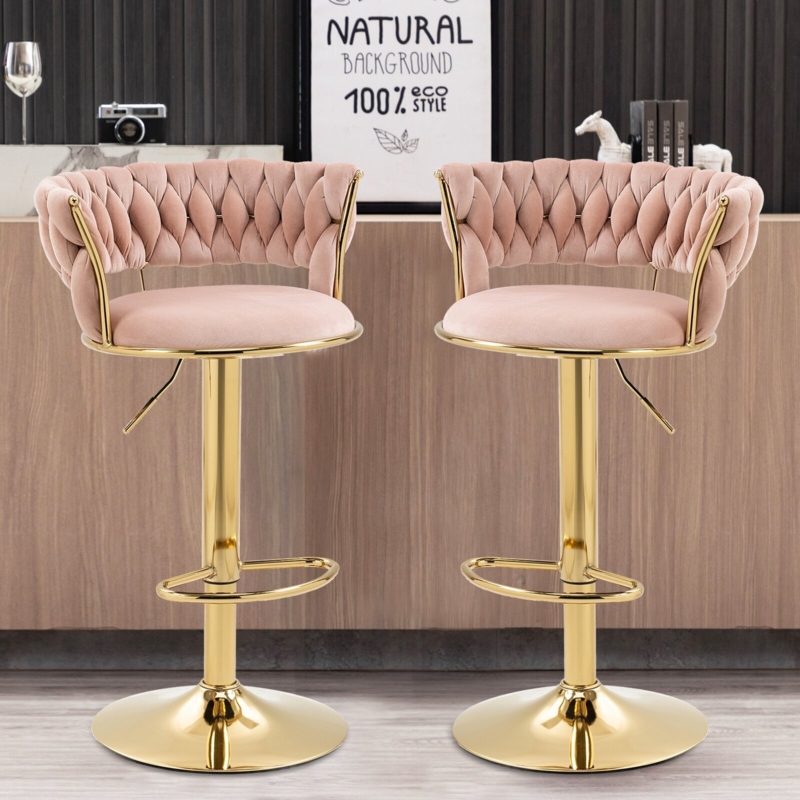 Swivel Bar Stools with Woven Backrest and Adjustable Metallic Pedestal Base