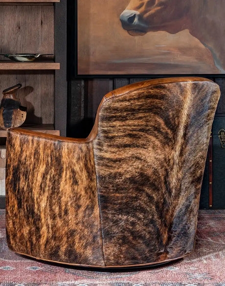 Swivel Barrel Chair Brindle Cowhide Texture Rustic Lodge Style