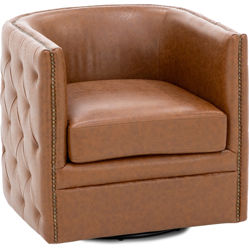 Swivel Barrel Chair Cognac Leather Like Diamond Tufted Exterior