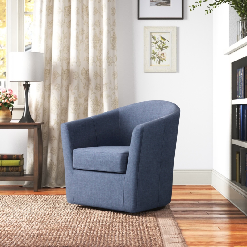 Swivel Barrel Chair Denim Blue Heathered Fabric Accent
