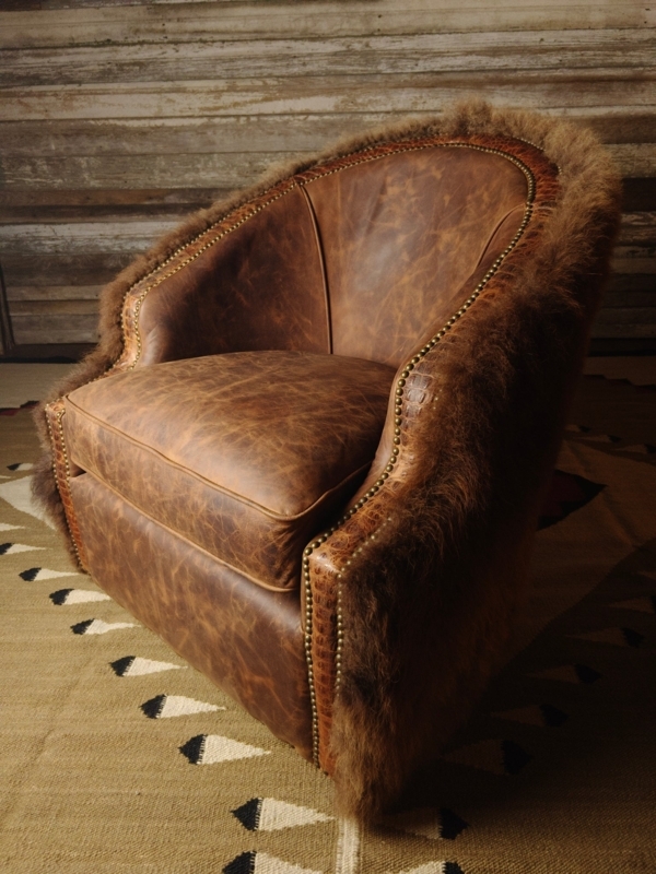 Swivel Barrel Chair Distressed Leather Fur Hide Rustic Lodge