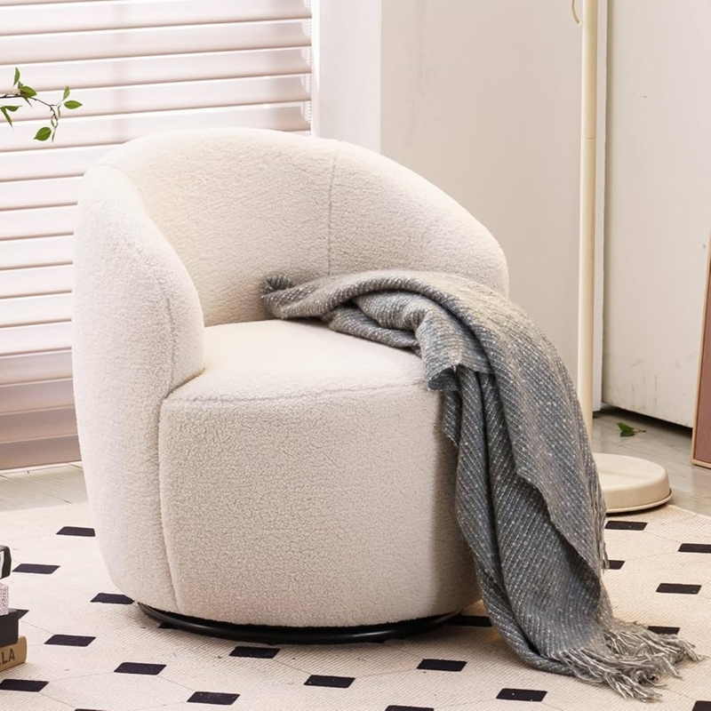 Swivel Barrel Chair Ivory Teddy Fabric Compact Modern Accent
