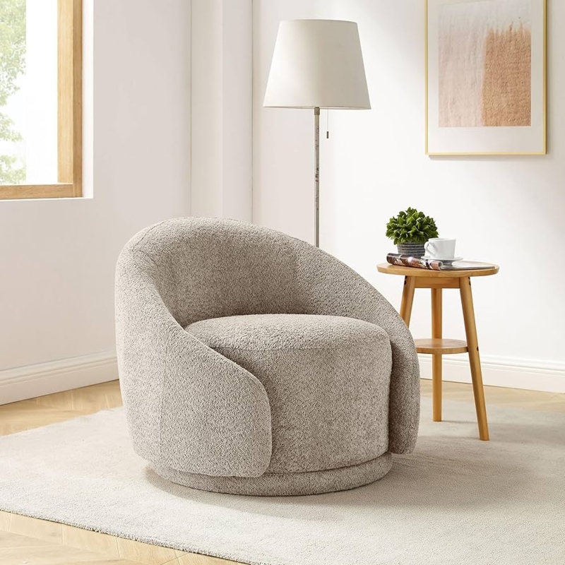 Swivel Barrel Chair Nubby Texture Greige Modern Organic