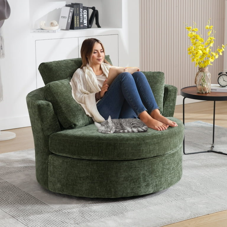 Swivel Barrel Chair Olive Green Ribbed Fabric Oversized Lounge