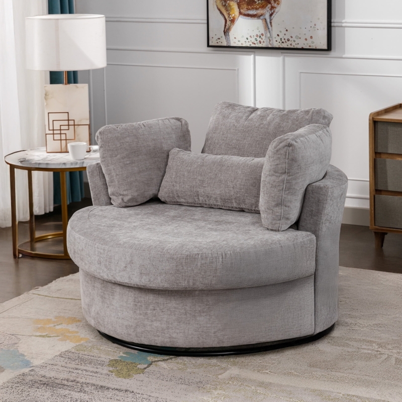 Swivel Barrel Chair Oversized Seat Gray Chenille with Pillows