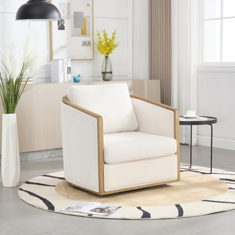 Swivel Barrel Chair Ribbed Corduroy Wrap Around Frame Japandi Organic Nook