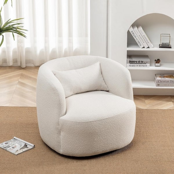 Swivel Barrel Chair Warm Beige Boucle Textured Lumbar Pillow