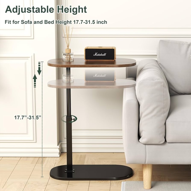 Swivel C-Shaped Side Table with Oval Walnut Top and Matte Black Base
