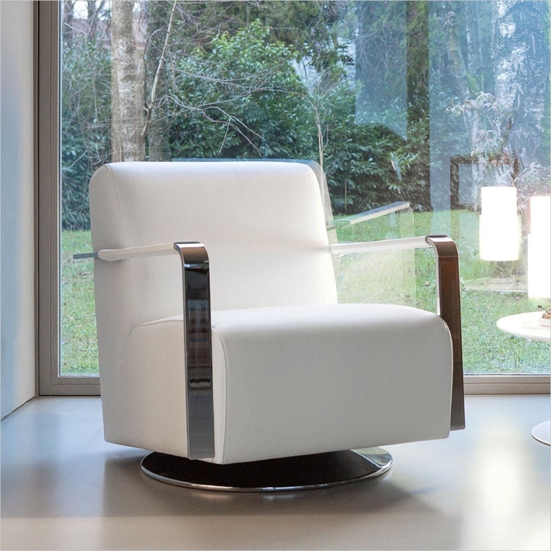 Swivel Chair featuring Polished Chrome Flat Armrests and White Seat