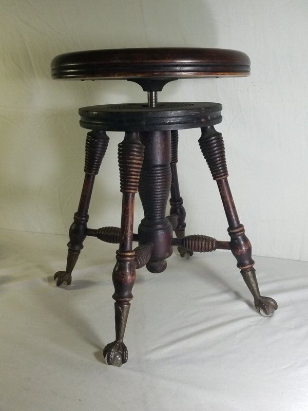 Swivel Piano Stool Adjustable Glass Claw Feet Ribbed Turned Wood Dark