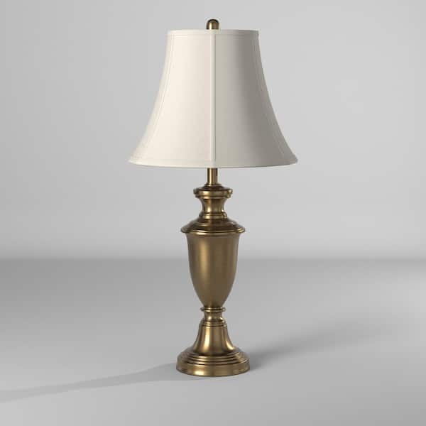 Table Lamp: Antique Brass Urn Base with White Silk Bell Shade