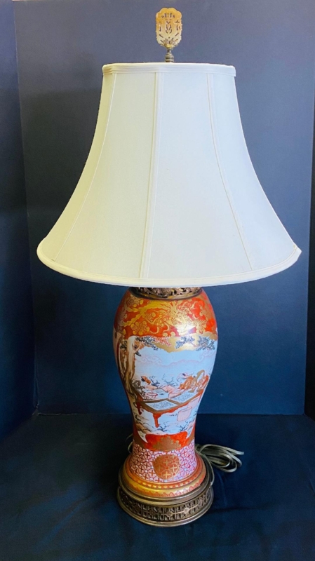 Table Lamp Antique Kutani Porcelain Iron Red Figurative Scenes