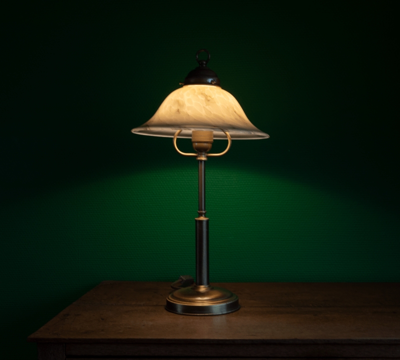Table Lamp Art Deco Marbled Glass Shade Stepped Bronze Base