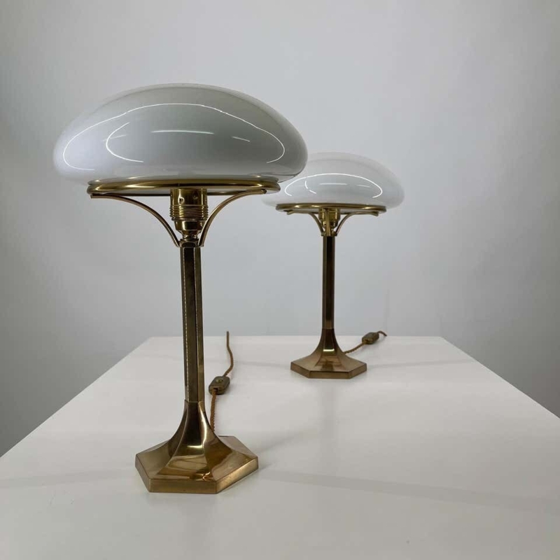 Table Lamp Art Deco Mushroom Milk Glass Hexagonal Brass Base