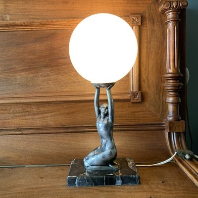 Table Lamp Art Deco Sculptural Female Figure Marbled Stone Base
