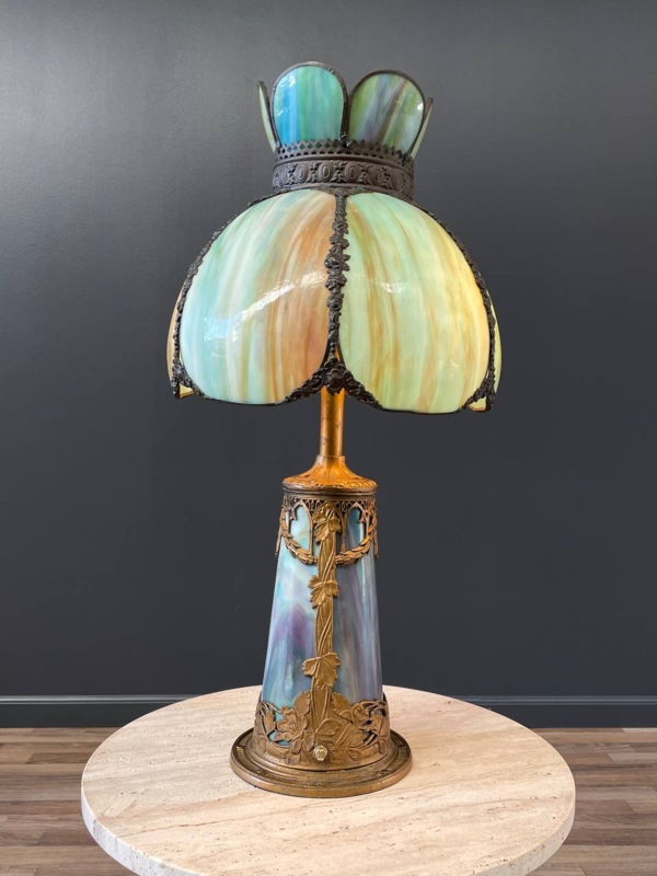 Table Lamp Art Deco Slag Glass Floral Filigree Mint Green