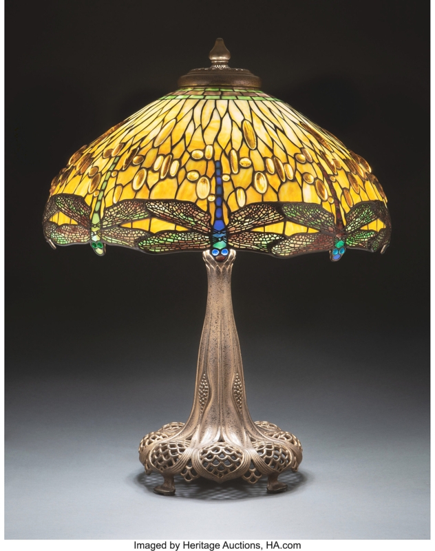 Table Lamp Art Nouveau Dragonfly Leaded Glass Openwork Base
