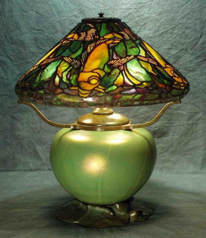 Table Lamp Art Nouveau Fish Motif Stained Glass Shade Iridescent Base