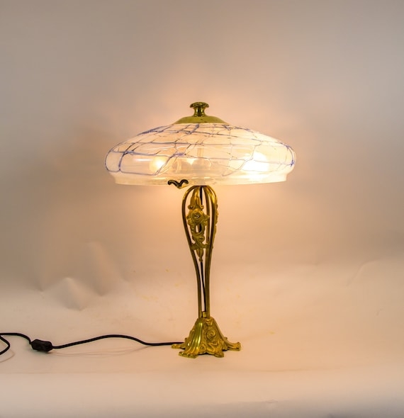 Table Lamp Art Nouveau Ornate Brass Base Webbed Glass Pattern