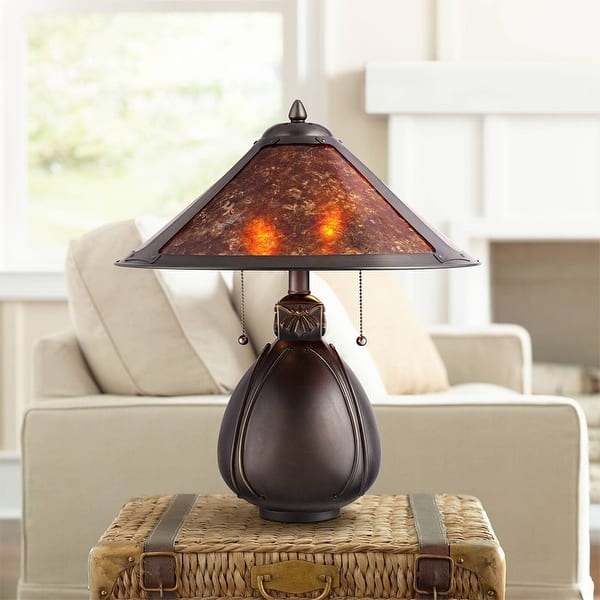 Table Lamp Arts and Crafts Ribbed Pottery Base Mica Shade Bronze