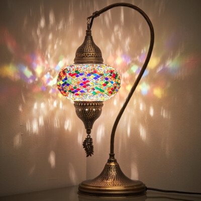 Table Lamp: Bohemian Multicolor Mosaic Glass Swan Neck Prismatic Light