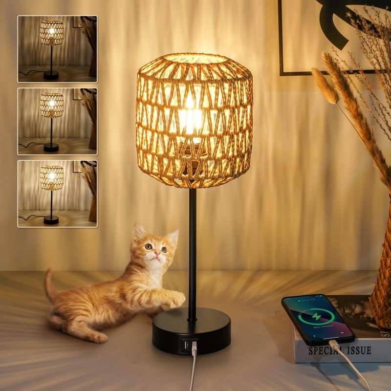 Table Lamp: Boho Rattan Drum Shade Matte Black Base USB Charging Port