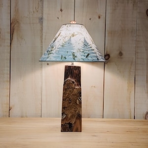 Table Lamp Botanical Fern Print Rustic Wood Obelisk Base