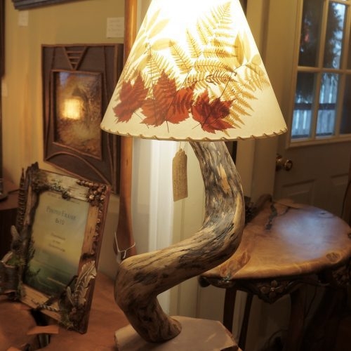 Table Lamp Botanical Pressed Leaf Shade Curved Wood Base Rustic
