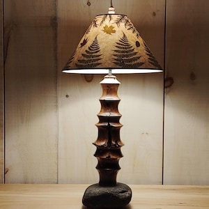 Table Lamp Botanical Print Shade Tiered Carved Base Rock Foundation